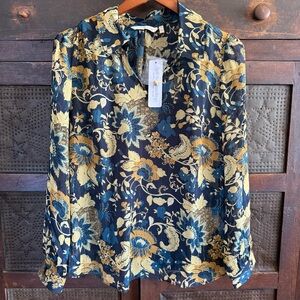 Soft Surroundings NWT Dark Blue and Gold Floral Button Down Top Size Small